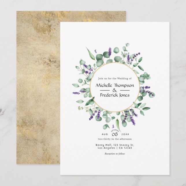 Convites Casamento Geométrico Dourado de Eucalipto Lavanda (Frente/Verso)