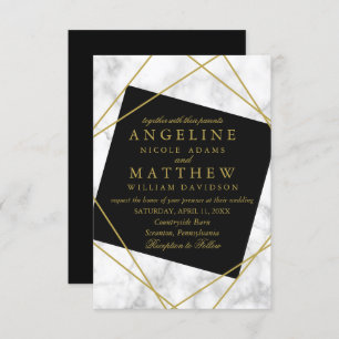 Convites Casamento Geométrico Dourado de Marble Black e Fau