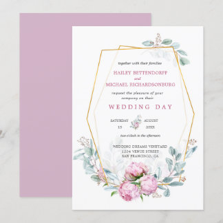 Convites Casamento Geométrico Dourado de Peões Rosa-Rosa-Du