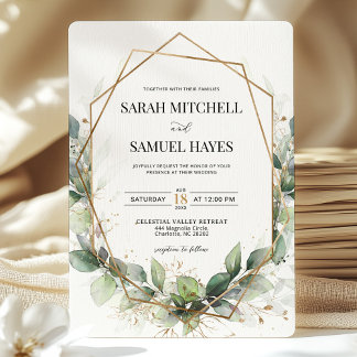 Convites Casamento Geométrico Dourado de Sage Green Eucalyp