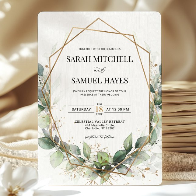 Convites Casamento Geométrico Dourado de Sage Green Eucalyp (Criador carregado)
