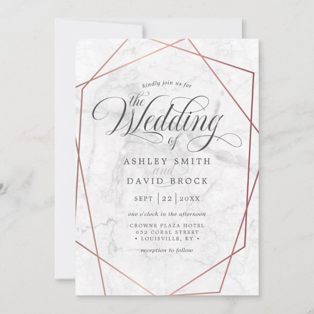 Convites Casamento Geométrico Dourado do Marble Rosa (Frente)