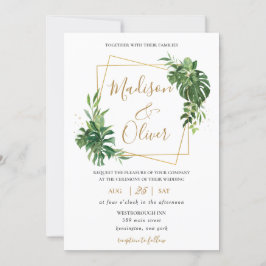 Convites Casamento Geométrico Dourado do Verde Tropical Mod