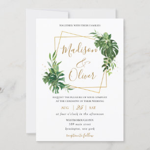 Convites Casamento Geométrico Dourado do Verde Tropical Mod