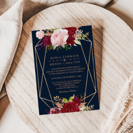 Convites Casamento geométrico Dourado e Tropical Vermelha