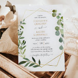Convites Casamento Geométrico Dourado Eucalyptus Greenery<br><div class="desc">Este elegante e personalizável Convite de Casamento apresenta um quadro de ouro geométrico adornado com uma bela folhagem verde de aquarela e foi emparelhado com uma caligrafia balística e uma serifa clássica em ouro e cinza. Para fazer alterações avançadas, selecione a opção "Clique para personalizar mais" em Personalizar este modelo....</div>