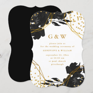Convites Casamento Geométrico Dourado Faux Floral Preto Mod