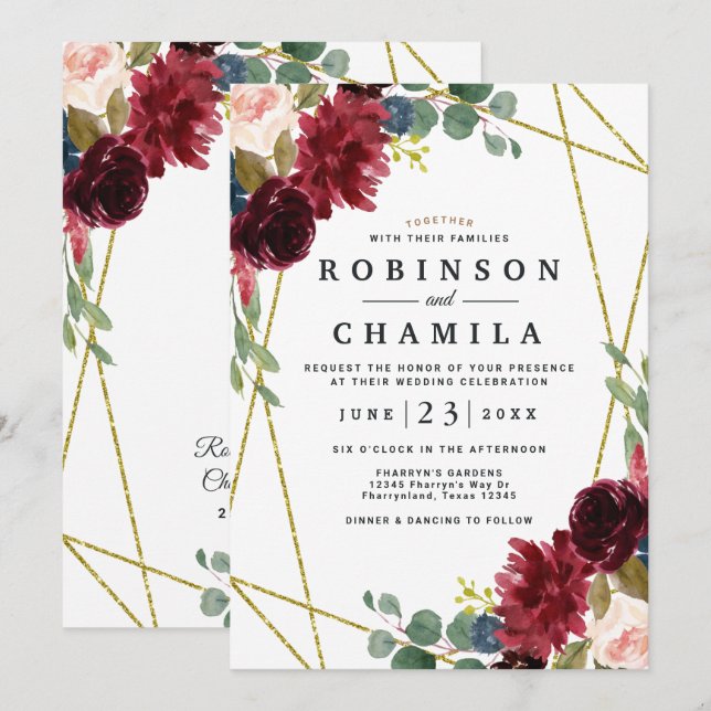 Convites Casamento Geométrico Dourado Floral da Borgonha (Frente/Verso)