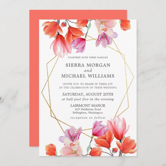Convites Casamento Geométrico Dourado Floral de Coral Moder (Frente/Verso)