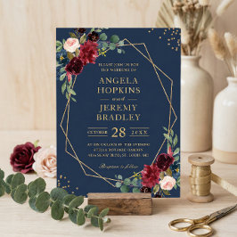 Convites Casamento Geométrico Dourado Floral de marinho Azu