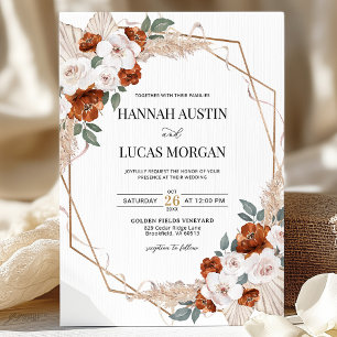 Convites Casamento Geométrico Dourado Floral Laranja Rust