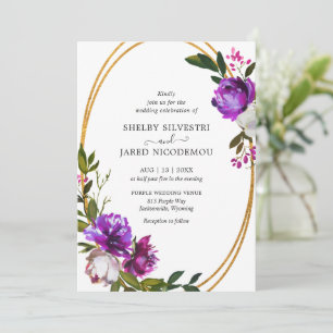 Convites Casamento Geométrico Dourado Floral Roxo Vibrante