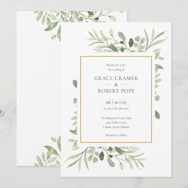 Convites Casamento Geométrico Dourado Folhagem Verde Botâni (Frente/Verso)