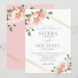 Convites Casamento Geométrico Dourado Rosa-Blush Floral Ele