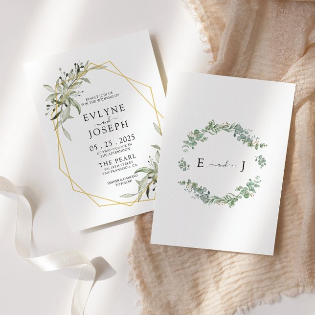 Convites Casamento Geométrico Dourado Rustic Eucalyptus (Criador carregado)