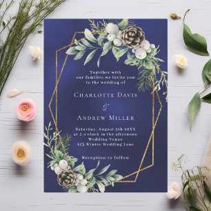 Convites Casamento geométrico dourado verde inverno azul