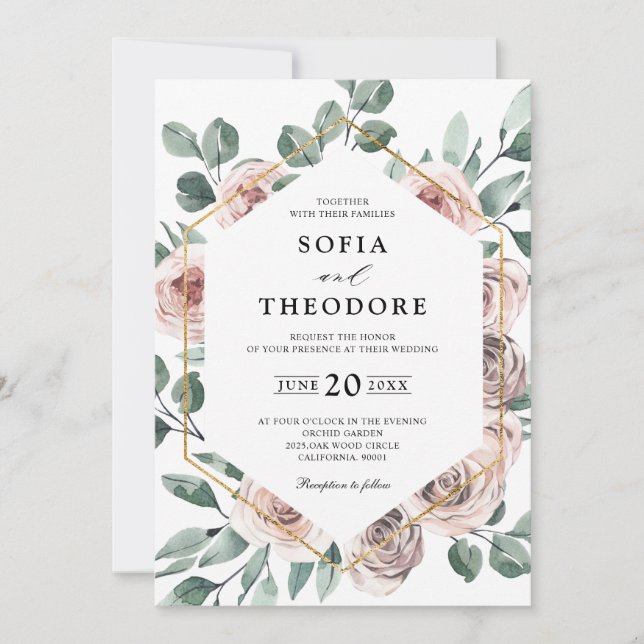 Convites Casamento Geométrico Dusty Pink Mauve Rosa Floral (Frente)