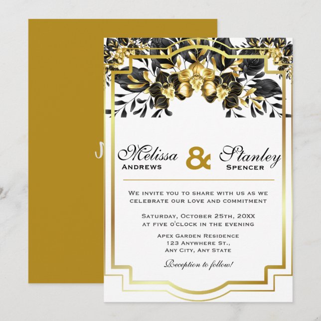 Convites Casamento Geométrico Elegante Dourado Eucalyptus (Frente/Verso)