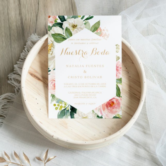 Convites Casamento Geométrico Elegante Espanhol Dourado e V (Criador carregado)