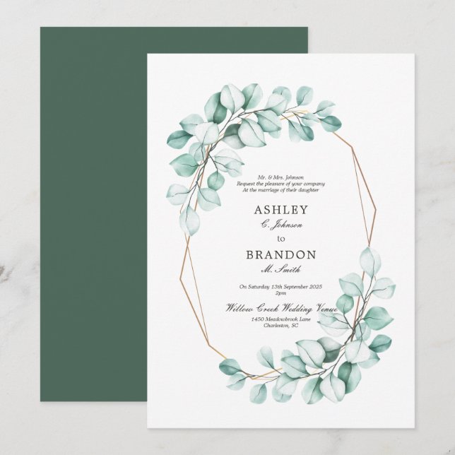 Convites Casamento Geométrico Elegante Geométrico Verde-Aqu (Frente/Verso)