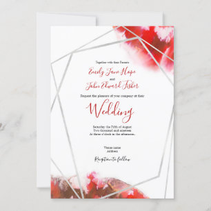 Convites Casamento Geométrico Elegante Red Watercolor/Silve