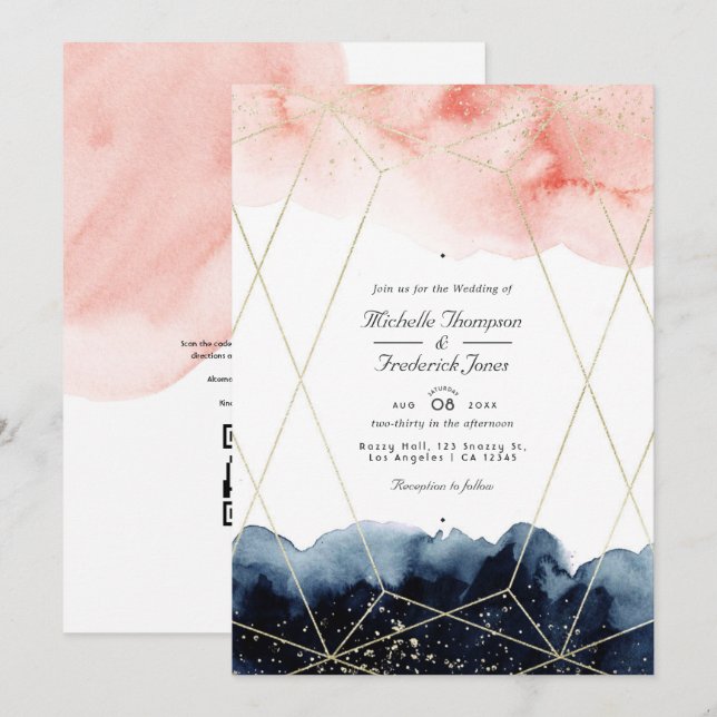 Convites Casamento Geométrico em Aquarela Azul Marinho e Be (Frente/Verso)