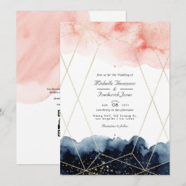 Convites Casamento Geométrico em Aquarela Azul Marinho e Be