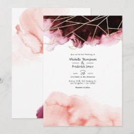 Convites Casamento Geométrico em Aquarela Burgundy e Blush