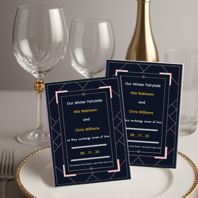 Convites Casamento Geométrico em Azul Naval Art Déco com Do (Navy Blue Art Deco Rose Gold Geometric Wedding)
