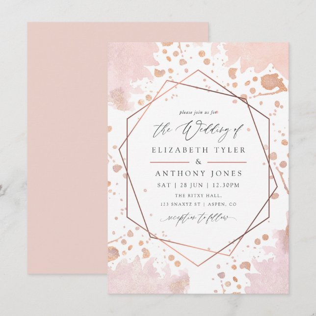 Convites Casamento Geométrico em Rose Gold e Rosa Bege (Frente/Verso)