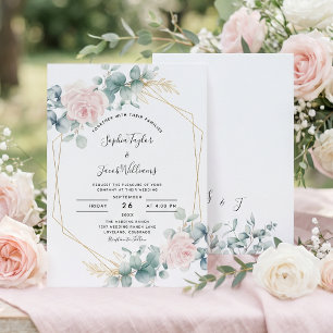 Convites Casamento Geométrico Eucalyptus Floral-Rosa-Blush