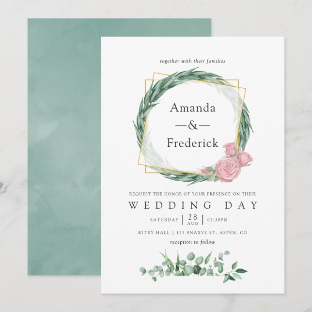 Convites Casamento Geométrico Eucalyptus Rosa (Frente/Verso)