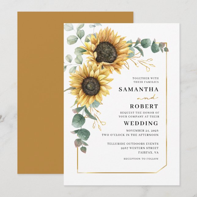 Convites Casamento Geométrico Flor de Girassol Eucalipto (Frente/Verso)