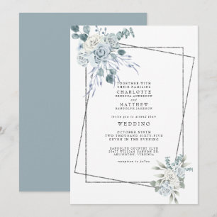 Convites Casamento Geométrico Floral Aquarela Azul Empoeira