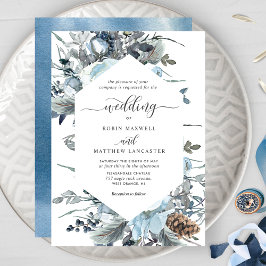 Convites Casamento Geométrico Floral Azul Elegante
