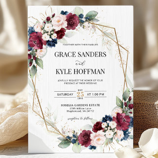 Convites Casamento Geométrico Floral Azul Marinho Blush