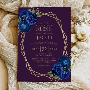Convites Casamento Geométrico Floral Azul Real Dourado Roxo