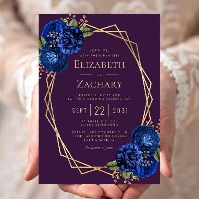 Convites Casamento Geométrico Floral Azul Royal Dourado Rox (Criador carregado)