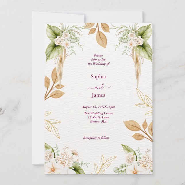 Convites Casamento Geométrico Floral Bege Dourado (Frente)