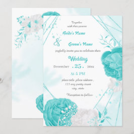 Convites casamento geométrico floral branco de turquesa