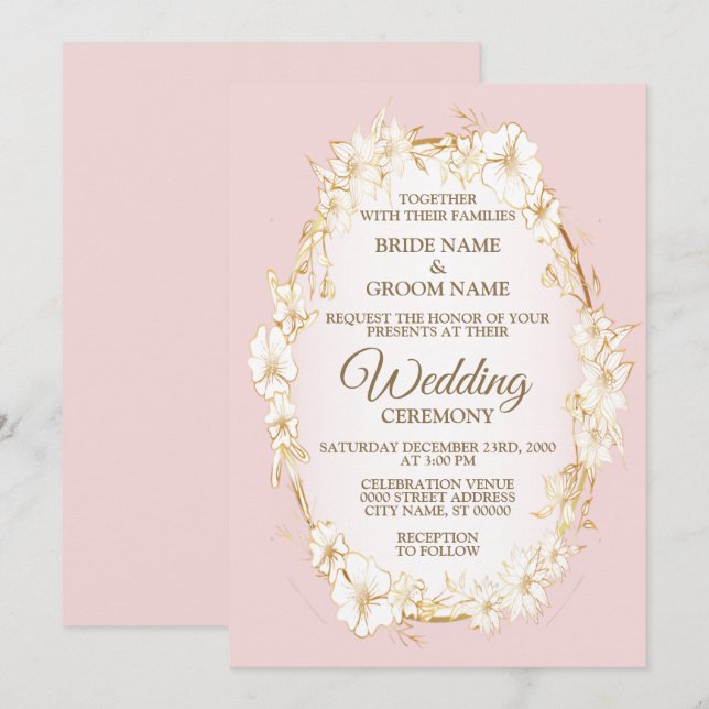 Convites Casamento Geométrico Floral Branco Dourado Rústico (Frente/Verso)