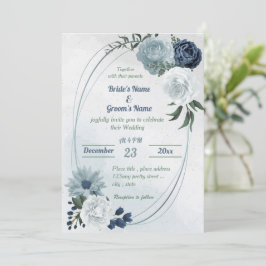 Convites casamento geométrico floral branco e azul