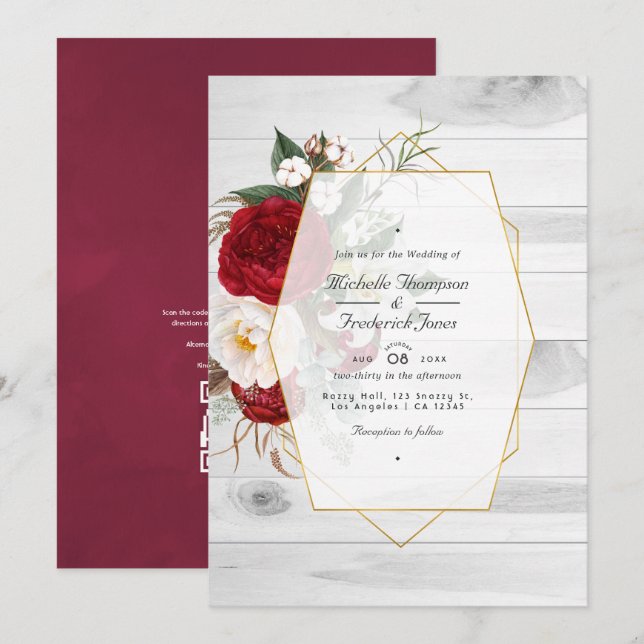 Convites Casamento Geométrico Floral Branco e Burgundy Rúst (Frente/Verso)