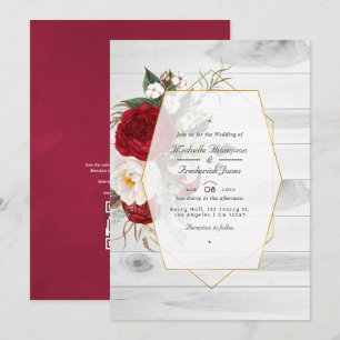 Convites Casamento Geométrico Floral Branco e Burgundy Rúst