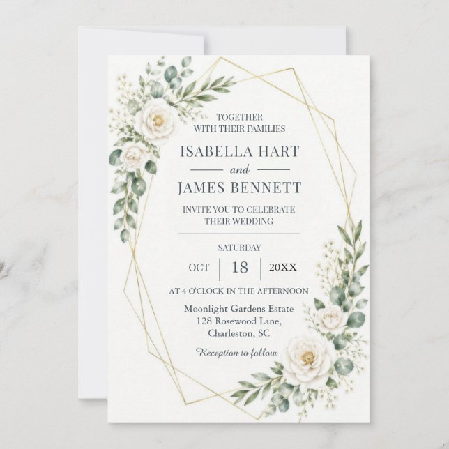 Convites Casamento Geométrico Floral Branco Elegante (Frente)