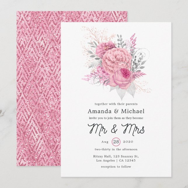Convites Casamento Geométrico Floral com Brilho Rosa e Prat (Frente/Verso)