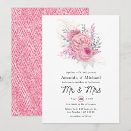 Convites Casamento Geométrico Floral com Brilho Rosa e Prat
