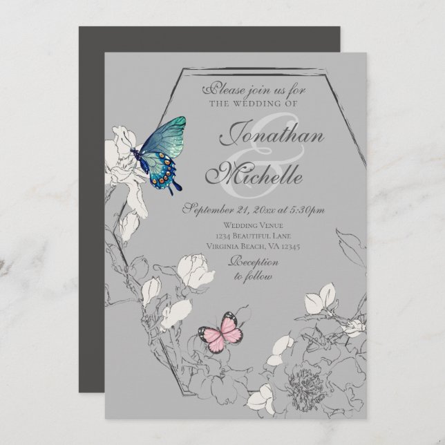 Convites Casamento Geométrico Floral da Borboleta de Aquare (Frente/Verso)