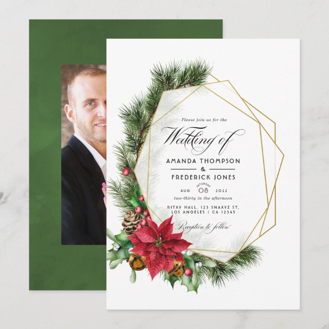 Convites Casamento Geométrico Floral de Natal em Aquarela (Frente/Verso)