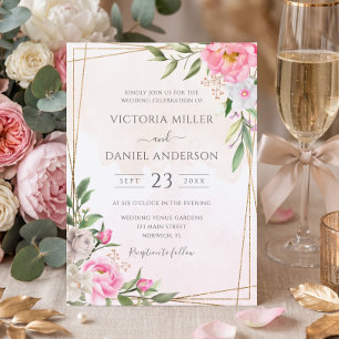Convites Casamento Geométrico Floral em Aquarela Rosa Doura